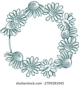 A wreath of daisy flowers with a stem. This vector round wreath is hand-drawn in a graphic style. It features trendy colors. Botanical illustration of flowers.