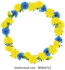 Wreath of dandelions and cornflowers