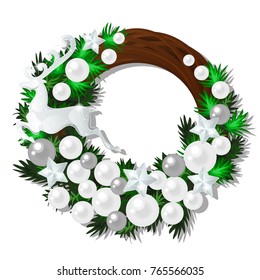 Wreath decorated with fir twigs, pearl deer, beads, stars isolated on white background. Sketch of Christmas festive poster, party invitation, other holiday card. Vector cartoon close-up illustration.