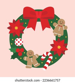 Wreath decoration for December winter Christmas concept. Christmas wreath decorated with red ribbon and cute flower, ball, cane and cookie.