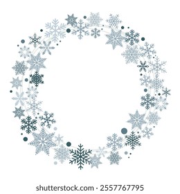 Wreath decoration of stars and snowflakes in pastel blue colors. Illustration for frame, template and banners in flat style