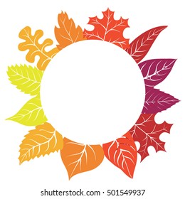 Wreath of decorative autumn leaves with white round space for your text. 