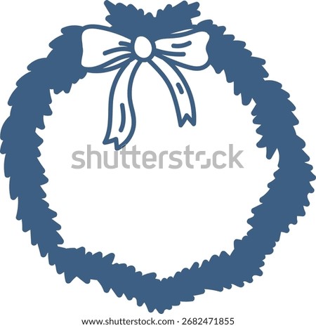 A wreath with a decorative bow in a clean, outlined style. The circular arrangement is adorned with a tied ribbon at the top. Cartoon vector illustration.