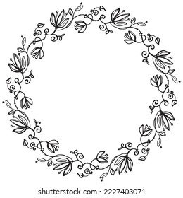 Wreath with decorative flowers - vector round composition. Black lines. Doodle.