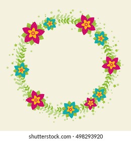Wreath with decorative frame and flowers. Vector illustration.