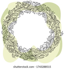 A wreath of decorative peony flowers. Vector. A hand-drawn work of art. The concept of love for wedding invitations, postcards, tickets, greeting cards, branding, logo, labels.