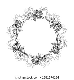 Wreath of decorative roses black and white hand-drawn graphics