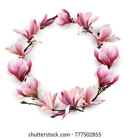 Wreath of delicate flowers pink Magnolia. Template for birthday cards, mothers day card, Greeting card happy Valentines day, spring background, banner, invitations. Vector.