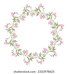 A wreath of delicate pink spring flowers. Perfect decor for postcards and posters and invitations.