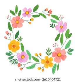 Wreath of delicate spring flowers on white background. Cute yellow and pink flowers, green leaves. Spring, easter, 8 march. 