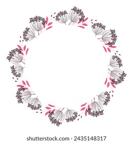 Ein Kranz aus zarten Zweigen in Rosatönen. Runder Blumenrahmen auf weißem Hintergrund. Vektormuster für Gutschein, Wünsche und Hochzeitseinladungen.