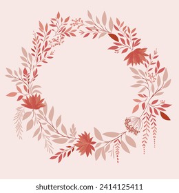 A wreath of delicate twigs in subtle shades of pink and beige with a red accent. Round floral frame. Vector pattern for voucher, wishes and wedding invitations.