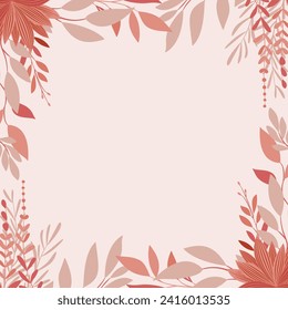 A wreath of delicate twigs in subtle shades of pink and beige with a red accent. Floral frame. Vector pattern for voucher, wishes and wedding invitations.