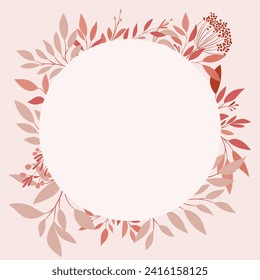 A wreath of delicate twigs in subtle shades of pink and beige with a red accent. Round floral frame. Vector pattern for voucher, wishes and wedding invitations.