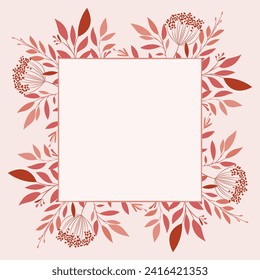 A wreath of delicate twigs in subtle shades of pink and beige with a red accent. Floral frame. Vector pattern for voucher, wishes and wedding invitations.