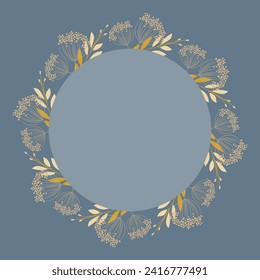 A wreath of delicate twigs in subtle shades of blue and beige with a yellow accent. Round floral frame. Vector pattern for voucher, wishes and wedding invitations.