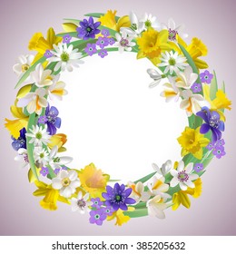 Wreath of the delicious spring flowers for design of postcards, brochures, banners, flyers,isolated, on a plane surface, vector illustration