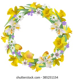 Wreath of the delicious spring flowers for design of postcards, brochures, banners, flyers,isolated, on a plane surface, vector illustration