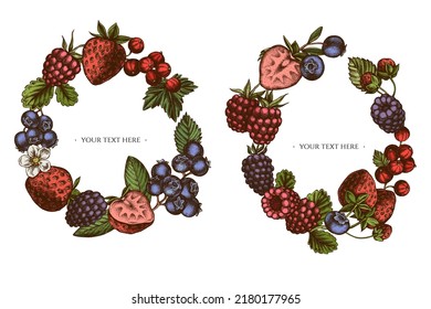 Wreath design with colored strawberry, blueberry, red currant, raspberry, blackberry svg