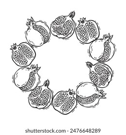 Wreath of detailed bursting pomegranates and pomegranate halves. Vector botanical illustration in graphic style, for invitations, greeting cards, logos, food and cosmetics packaging, home decor