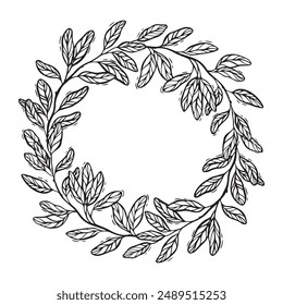 Wreath of detailed grant leaves. Elegant vector botanical illustration in graphic style. Suitable for invitations, greeting cards, logos, food and cosmetics packaging, home decor and textiles