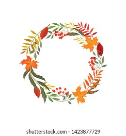 Wreath of different autumn leaves. Vector illustration on white background.