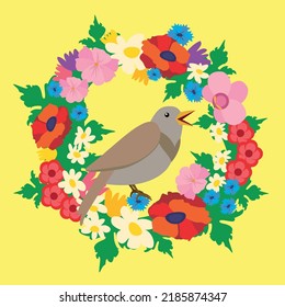 Wreath of different flowers and a nightingale