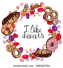 Wreath of different sweets and bakery products with lettering, hand drawn vector illustration