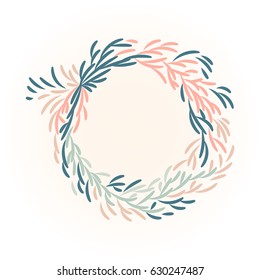 Wreath of doodle foliage. Vector vintage illustration.