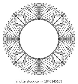 wreath drawn with flowers in folk style on a white background for coloring, vector, space for text, coloring book pages
