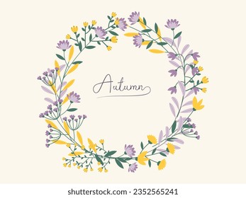 Vela de hojas de campo secas. Fondo otoñal del herbario. Ilustración vectorial de las flores silvestres dispuestas en círculo. Adecuado para postales, invitaciones, estampados de camisetas. 