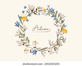 Vela de hojas de campo secas. Fondo otoñal del herbario. Ilustración vectorial de las flores silvestres dispuestas en círculo. Adecuado para postales, invitaciones, estampados de camisetas. 