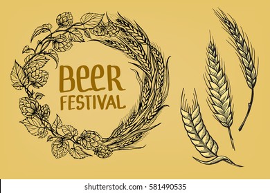 A Wreath Of Ears Of Wheat And Hops In The Form Of A Circle In Graphic Style Vector Illustration