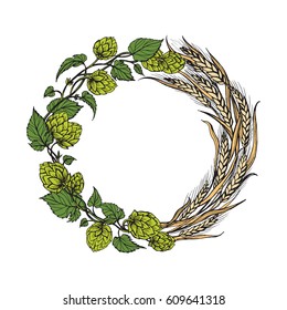 a wreath of ears of wheat and hops on old blackboard