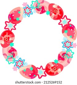 A wreath. Easter egg frame. Round sublimation of Easter colorful eggs and bows. Bright cartoon picture. For the church celebration of the consecration of eggs.