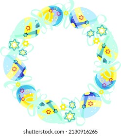 A wreath. Easter egg frame. Round sublimation of Easter colorful eggs and bows. Bright cartoon picture. For the church celebration of the consecration of eggs.