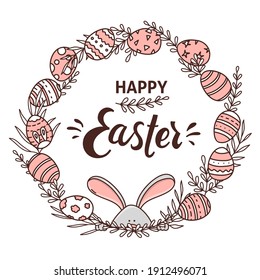 Wreath with Easter eggs and an Easter bunny. Eggs and willow twigs are arranged in a circle and the inscription Easter. Monochrome vector illustration on a white background. A greeting card. Doodle.