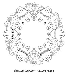 A wreath with Easter eggs and flowers on a white background. Anti-stress coloring book for children and adults. Decorative element for design