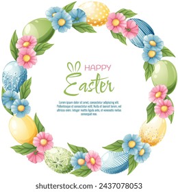 Corona de huevos de Pascua y flores. Postal, cartel de Pascua. Es primavera. Fondo con huevos coloridos