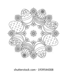 Una corona de huevos de Pascua con adornos y flores sobre un fondo blanco. Página de libros de coloración para niños y adultos