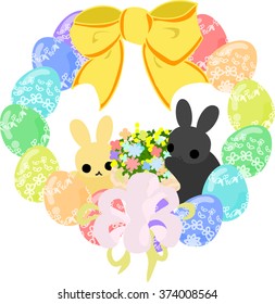 Wreath of Easter eggs and rabbits.