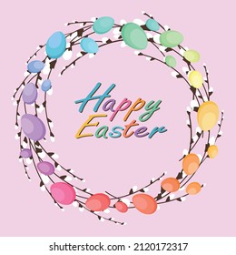 Kranz für Ostern. Ein Kranz aus gelben und violetten, blauen und wilden Ästen