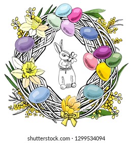Wreath with elements for Happy  Easter decoration. Hand drawn sketch for template, greeting card or invitation. Vector illustration. 