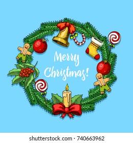 Wreath engraved hand drawn in old sketch and vintage style for label. Merry Christmas xmas New Year . winter holiday decoration. fir tree toy, candle and gingerbread, holly lollipop, spruce branch.