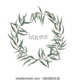 Kranz der Eukalyptuszweige. Vektordesign-Elemente im Boho-Stil. Illustration für Grußkarte, Verpackung.