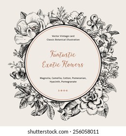 Wreath with exotic flowers. Black magnolia, camellia, hyacinth, pomegranate on white background. Vector Vintage card.