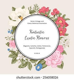 Wreath with exotic flowers. Magnolia, camellia, hyacinth, pomegranate on gray background. Vector Vintage card.