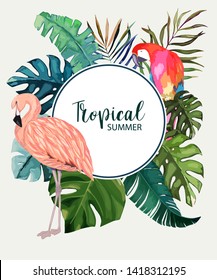 Wreath with exotic tropical palm tree, flamingo and parrot . Frame border background. Summer vector illustration. Template for card. Watercolor style