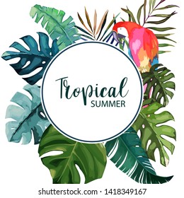Wreath with exotic tropical palm tree and parrot . Frame border background. Summer vector illustration. Template for card. Watercolor style