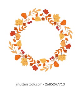 Corona de hojas de otoño. Aislado, vacío con lugar para texto. Elemento decorativo, celebrativo, marco festivo, borde. Tarjeta, fondo, Plantilla. Ilustración vectorial. 
